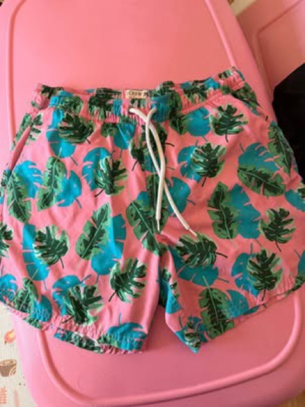 J. Crew Pink Tropical Leaf Swim Trunks with Blue & Green Print